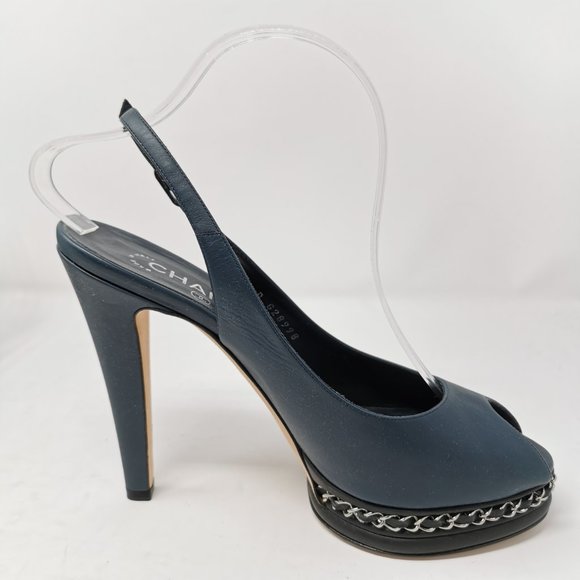 CHANEL Navy Blue Leather Chain Link Slingback Peep Toe Pumps Heels - Picture 7 of 11